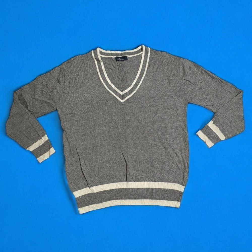 Zara Man Gray V-Neck Silk Blend Sweater with Cream White Trim Size XL